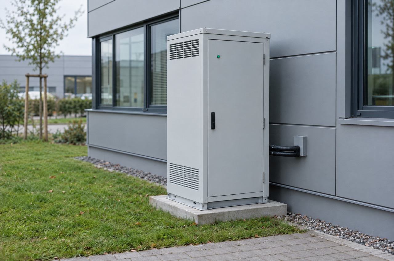 Ein kompakter Batteriespeicher steht auf einem Betonsockel direkt an der Fassade eines Firmengebäudes